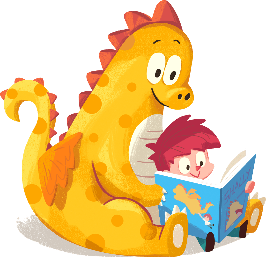 A friendly dragon reading a Shally storybook with a child